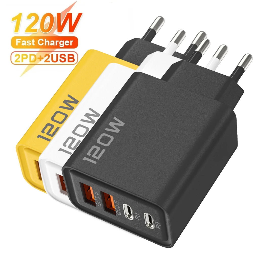 Quick Charge 3.0 Fast Charger Muti Total 120W 4 Port USB Type C PD Mobile Phone Wall Adapter for Iphone 16 Samsung S24 Xiaomi 15